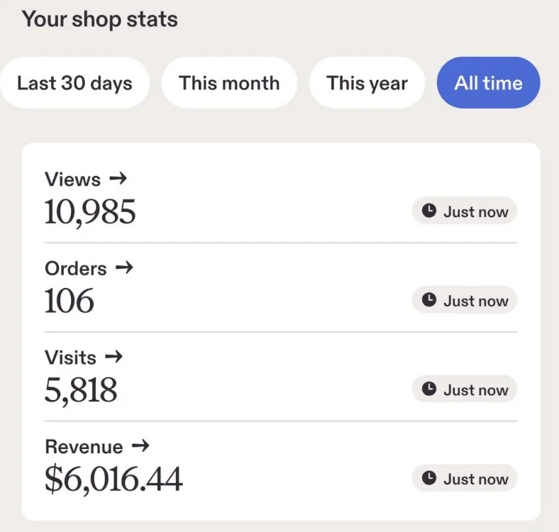 לוח בקרה של חנות Etsy עם 106 הזמנות והכנסה של 6,016 דולר מאז פתיחת החנות