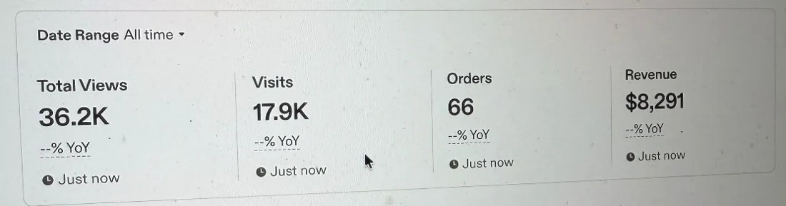 לוח בקרה של חנות Etsy עם 66 הזמנות והכנסה של 8,291 דולר מאז פתיחת החנות